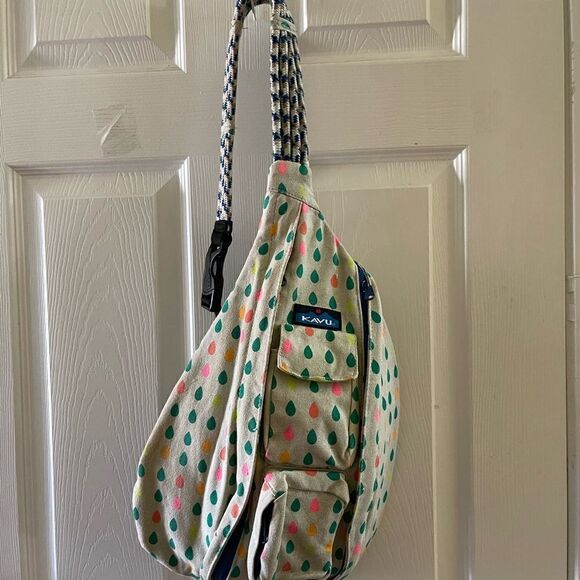 KAVU Rope Sling Backpack Canvas Beige Retro Muted Rainbow Raindrops main image 4